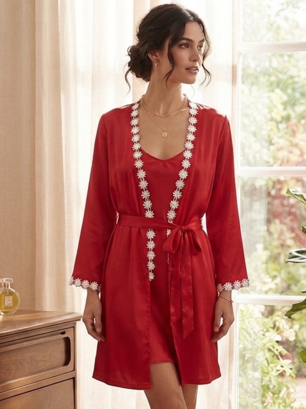 Red Women's Robe with White Trim silky feel